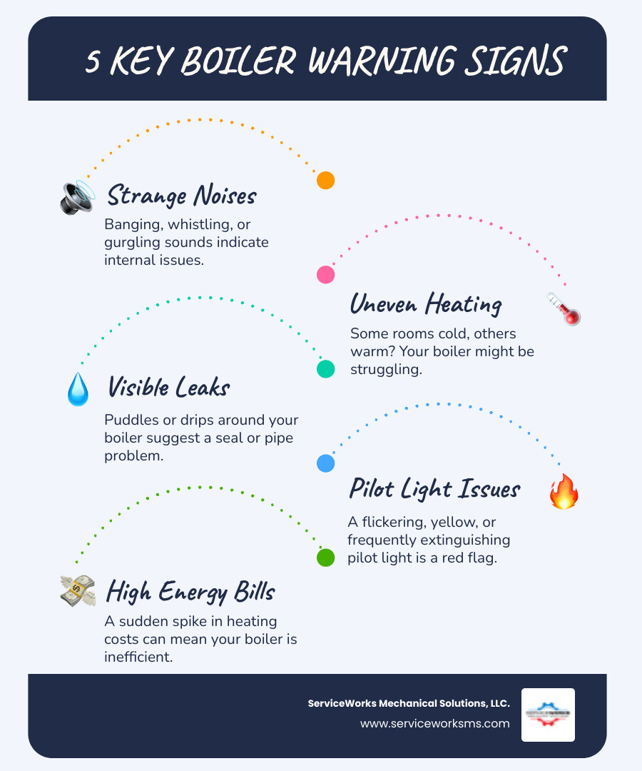 infographic showing the 5 key warning signs your boiler needs repair: strange noises like banging or whistling, uneven heating throughout the home, visible leaks or dripping water, pilot light issues or unusual flame color, and unexplained increases in energy bills - boiler repair affordable in conway, sc infographic infographic-line-5-steps-blues-accent_colors infographic showing the 5 key warning signs your boiler needs repair: strange noises like banging or whistling, uneven heating throughout the home, visible leaks or dripping water, pilot light issues or unusual flame color, and unexplained increases in energy bills - boiler repair affordable in conway, sc infographic infographic-line-5-steps-blues-accent_colors