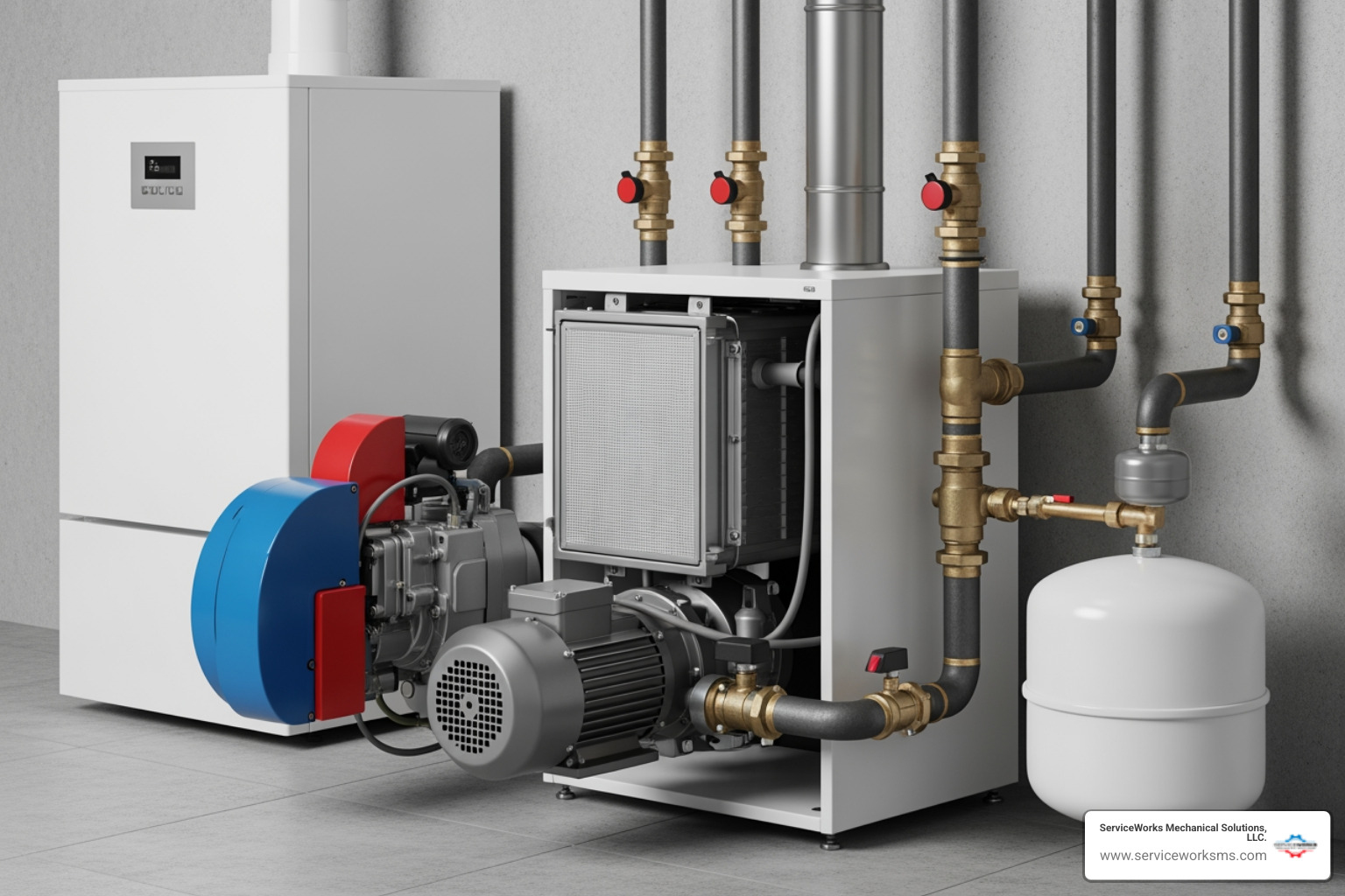 Infographic explaining the basic function of a home boiler system including the burner, heat exchanger, pump, expansion tank, and distribution pipes to radiators, with labels explaining how water is heated and circulated throughout the home - boiler repair in myrtle beach, sc