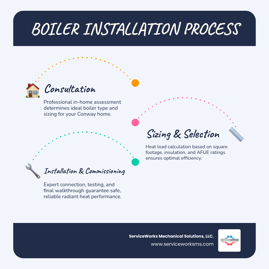 Infographic showing the step-by-step boiler installation process from consultation through commissioning, including system types (gas, electric, combi), AFUE rating explanation, and key benefits of radiant heat versus forced air - boiler installation in conway, sc infographic infographic-line-3-steps-blues-accent_colors Infographic showing the step-by-step boiler installation process from consultation through commissioning, including system types (gas, electric, combi), AFUE rating explanation, and key benefits of radiant heat versus forced air - boiler installation in conway, sc infographic infographic-line-3-steps-blues-accent_colors