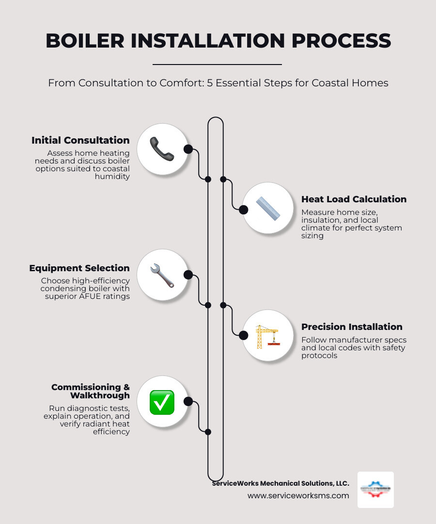 infographic showing boiler installation process from consultation through heat load calculation, equipment selection, installation, commissioning, and walkthrough, with benefits of radiant heat and energy efficiency - boiler installation company in surfside beach, sc infographic infographic-line-5-steps-elegant_beige