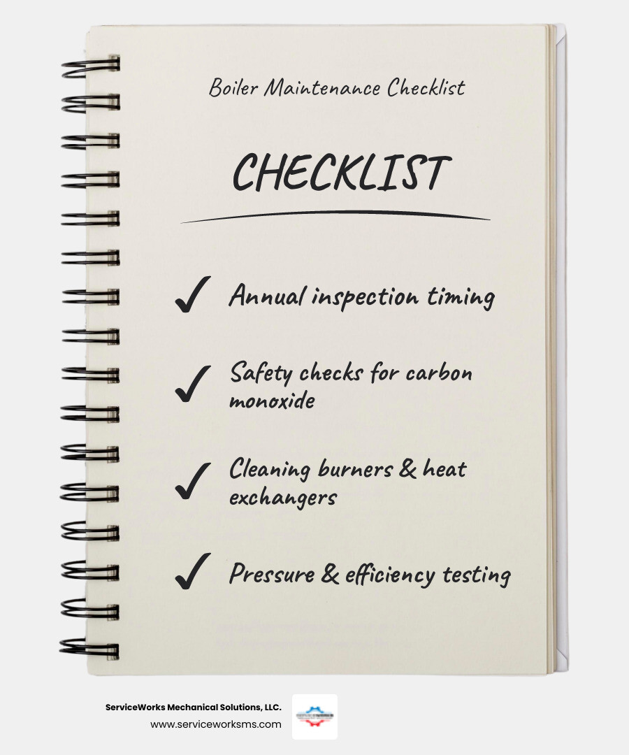 Infographic showing comprehensive boiler maintenance checklist including annual inspection timing, safety checks for carbon monoxide, cleaning of burners and heat exchangers, pressure testing, efficiency testing, coastal corrosion prevention, and warning signs that indicate immediate service needs - boiler maintenance best in surfside beach, sc infographic checklist-notebook Infographic showing comprehensive boiler maintenance checklist including annual inspection timing, safety checks for carbon monoxide, cleaning of burners and heat exchangers, pressure testing, efficiency testing, coastal corrosion prevention, and warning signs that indicate immediate service needs - boiler maintenance best in surfside beach, sc infographic checklist-notebook