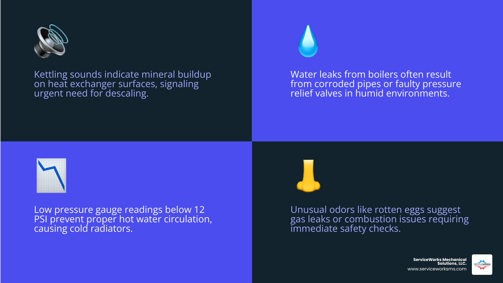 Infographic showing common boiler warning signs including kettling sounds, water leaks, low pressure gauge readings, cold radiators, unusual odors, and pilot light problems, with a central illustration of a residential boiler system and callouts explaining when each issue requires professional repair versus emergency service - boiler repair in surfside beach, sc infographic 4_facts_emoji_blue Infographic showing common boiler warning signs including kettling sounds, water leaks, low pressure gauge readings, cold radiators, unusual odors, and pilot light problems, with a central illustration of a residential boiler system and callouts explaining when each issue requires professional repair versus emergency service - boiler repair in surfside beach, sc infographic 4_facts_emoji_blue