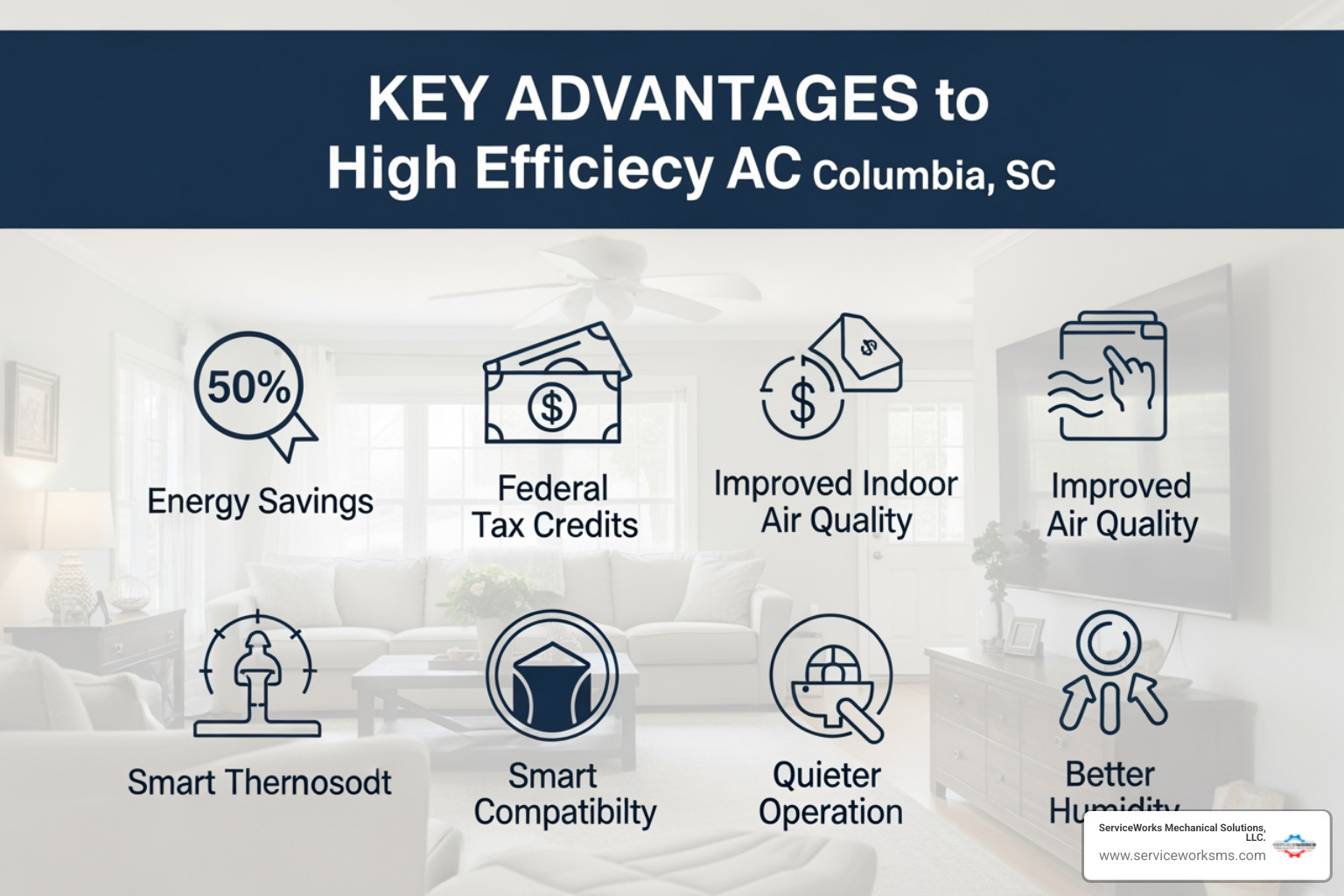 infographic showing the key benefits of upgrading to a modern high-efficiency AC system including energy savings up to 50 percent, federal tax credits availability, improved indoor air quality, smart thermostat compatibility, quieter operation, and better humidity control for Columbia SC climate - ac installation in columbia, sc infographic showing the key benefits of upgrading to a modern high-efficiency AC system including energy savings up to 50 percent, federal tax credits availability, improved indoor air quality, smart thermostat compatibility, quieter operation, and better humidity control for Columbia SC climate - ac installation in columbia, sc