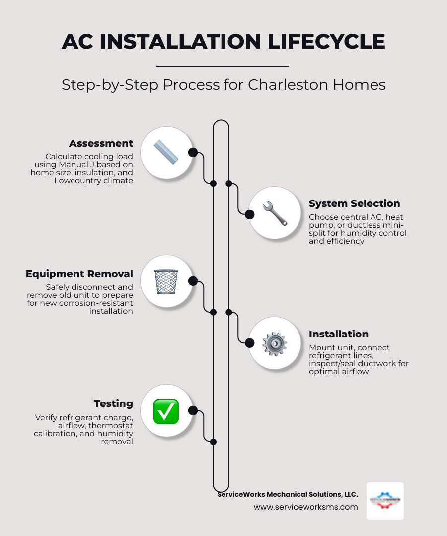 infographic showing AC installation lifecycle from assessment through system removal, equipment installation, refrigerant charging, testing, and homeowner orientation with timeline and key checkpoints for Charleston climate considerations - ac installation in charleston, sc infographic infographic-line-5-steps-elegant_beige