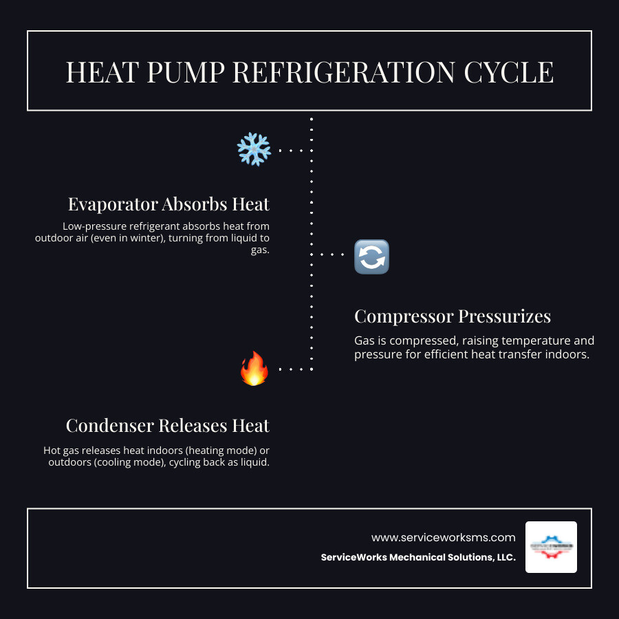 Infographic showing heat pump refrigeration cycle, SEER ratings, installation steps, and key benefits for Myrtle Beach