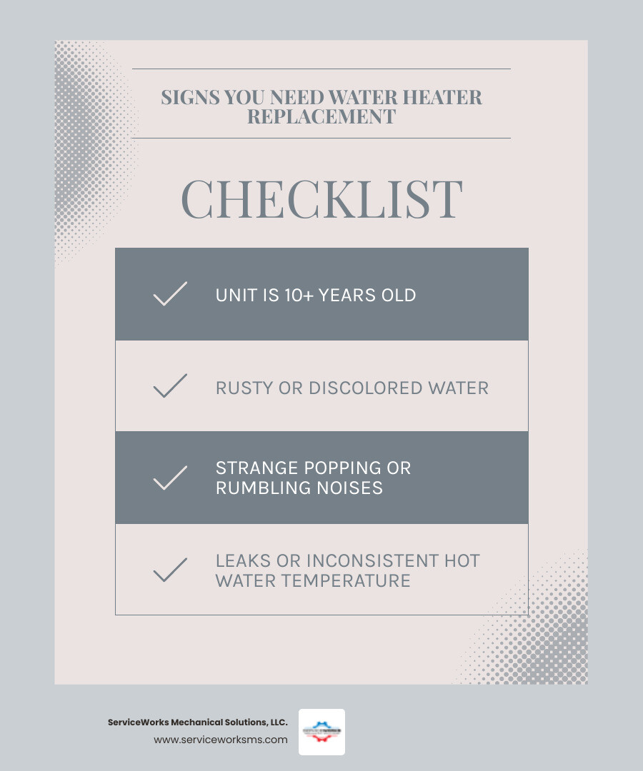 Infographic showing common signs of water heater failure and replacement options for Goose Creek SC homeowners - water