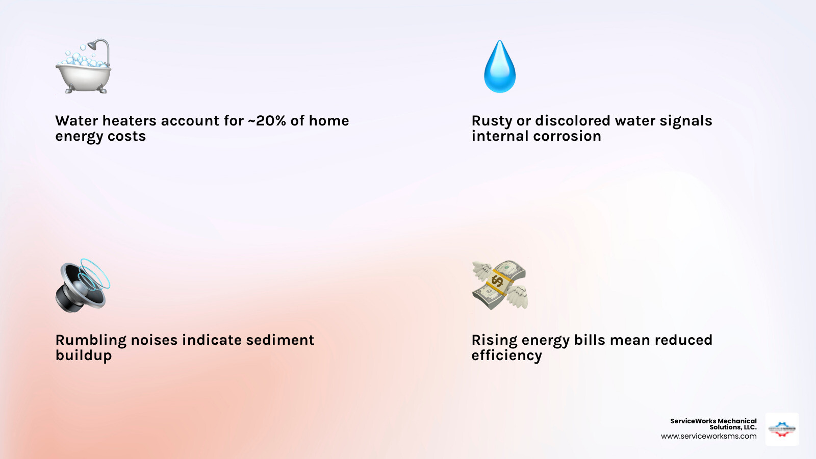 Infographic showing signs of water heater failure, types of units, and Georgetown SC replacement process steps - water