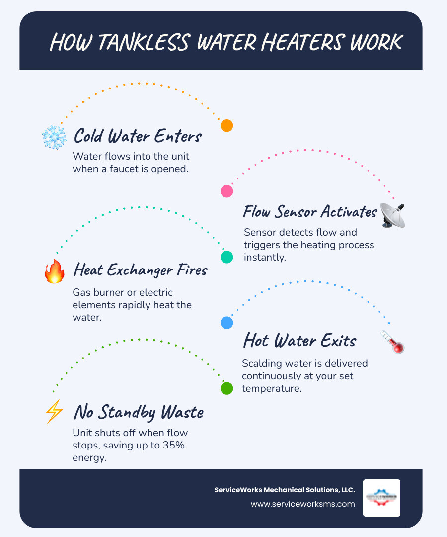 Infographic showing how tankless water heaters work on demand vs traditional tank storage - tankless water heater in conway
