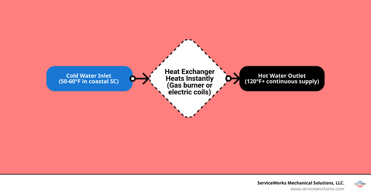 Infographic showing on-demand water heating process steps from cold water inlet to hot water outlet with energy savings Infographic showing on-demand water heating process steps from cold water inlet to hot water outlet with energy savings