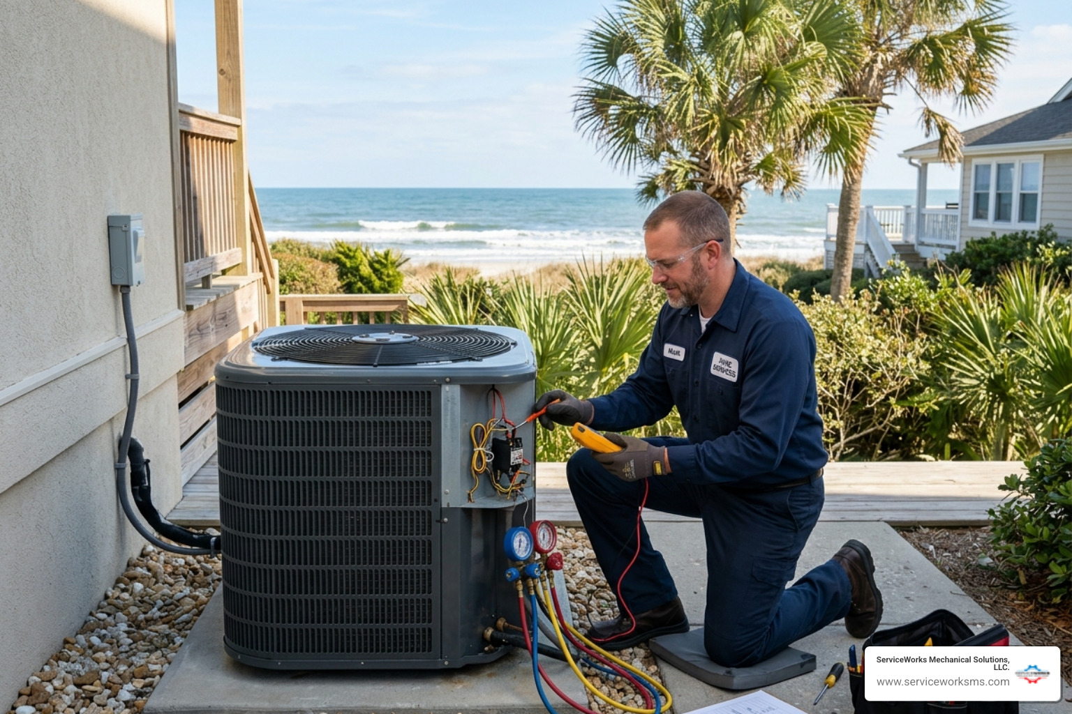 HVAC technician performing precision tune-up on coastal AC unit in South Carolina - is an hvac maintenance plan worth it