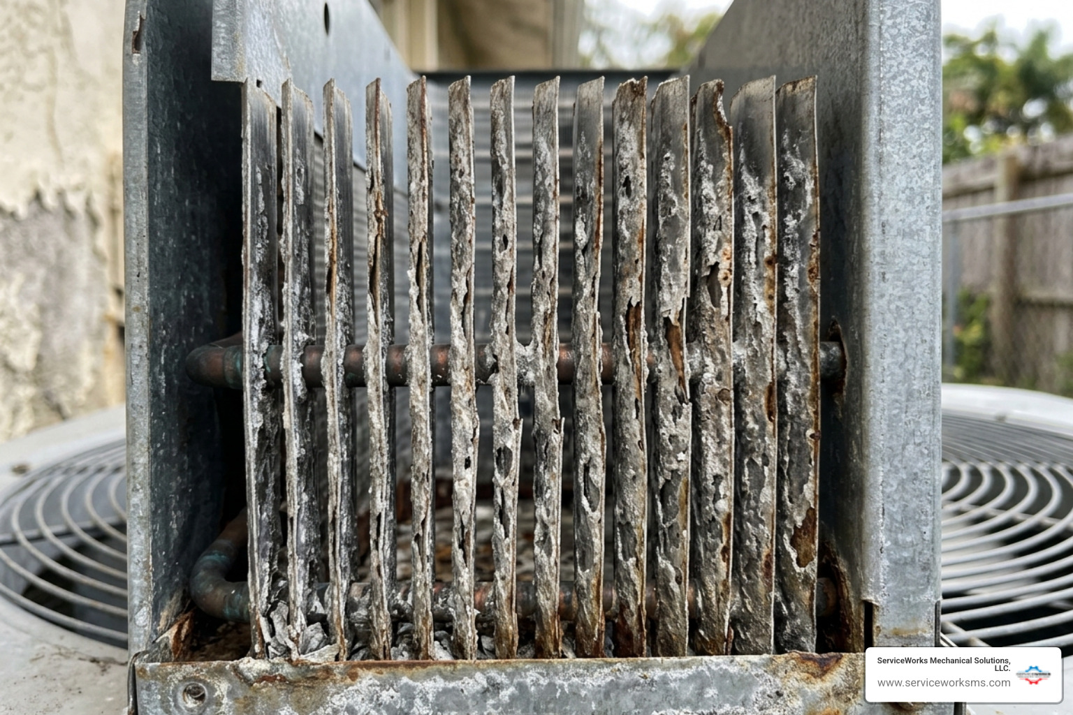 Close-up of corroded and pitted aluminum AC condenser fins near the ocean - signs your ac needs repair in coastal south