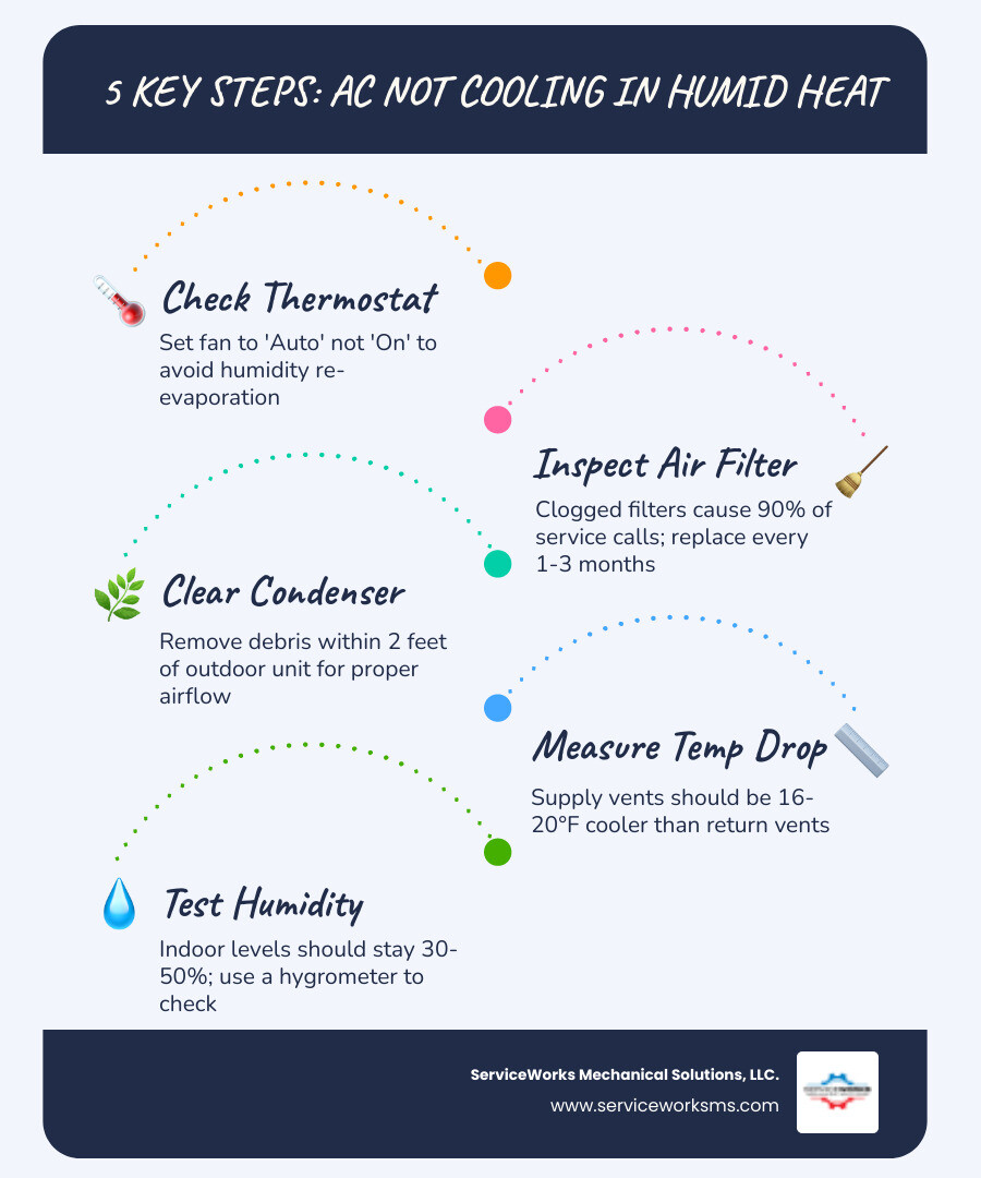 Infographic showing 10-step AC troubleshooting checklist for humid heat cooling problems - ac not cooling properly in humid