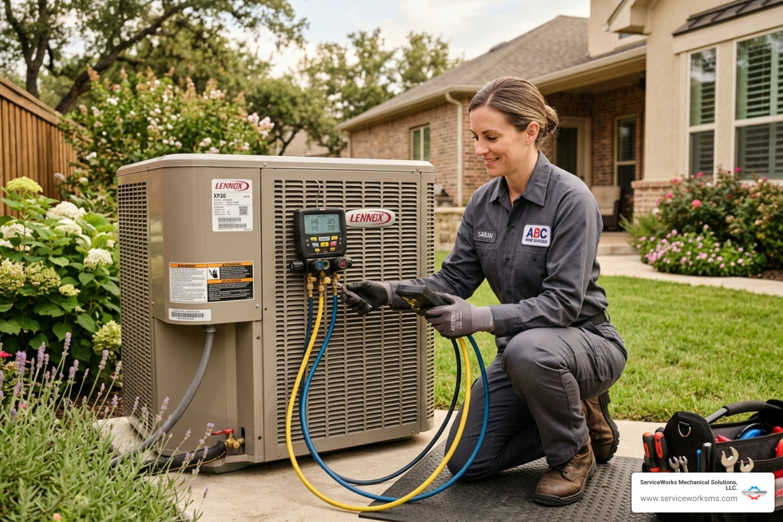 HVAC technician in a professional uniform inspecting a large outdoor AC compressor unit with diagnostic tools - ac making