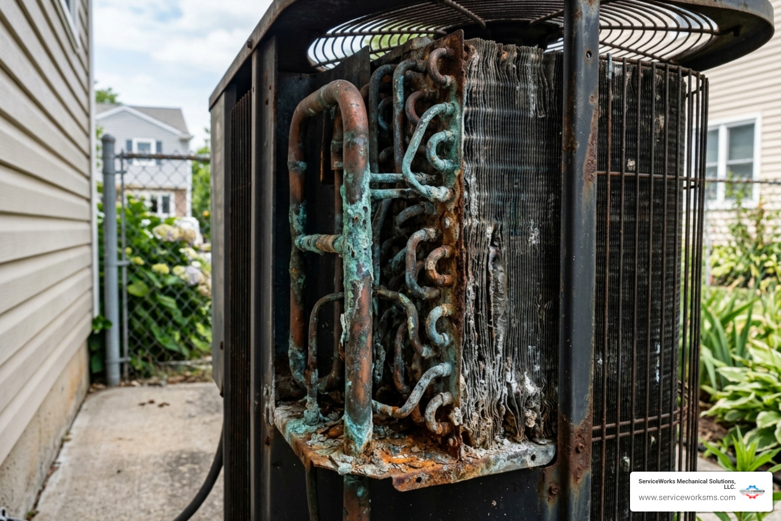 Close-up of salt air corrosion and rust on the copper coils of an outdoor air conditioning unit - ac making strange noises