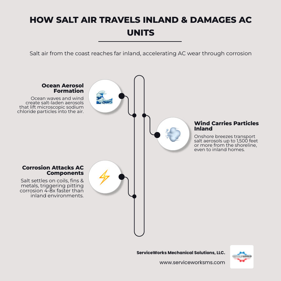 infographic showing how salt air travels inland from the shoreline and affects AC units at different distances - why do ac