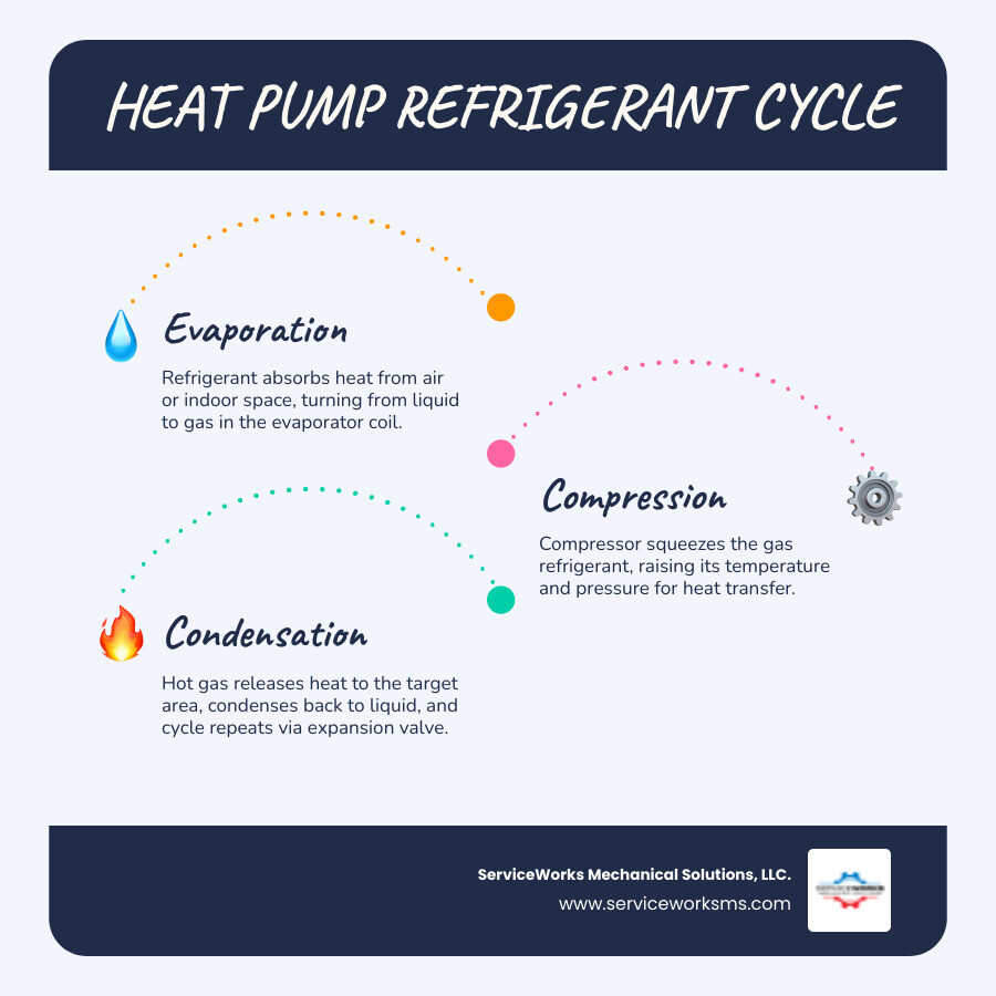 Infographic showing the heat pump refrigerant cycle steps: evaporation, compression, condensation, expansion in both heating