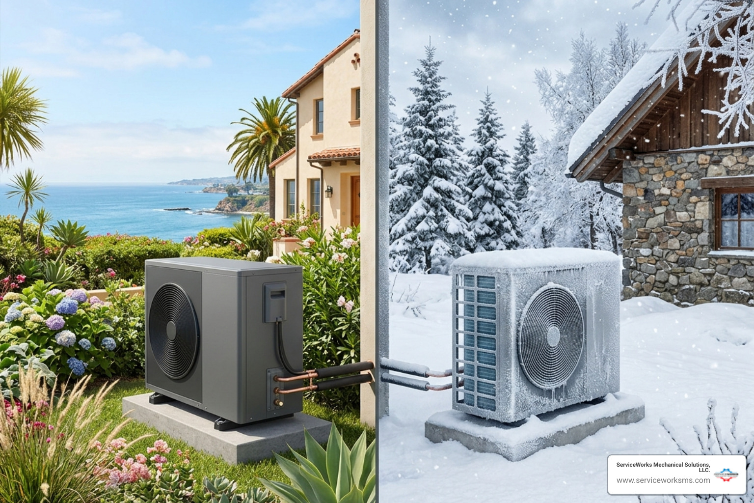 Infographic showing heat pump COP efficiency in mild climates above 40°F versus colder zones - are heat pumps ideal for mild Infographic showing heat pump COP efficiency in mild climates above 40°F versus colder zones - are heat pumps ideal for mild