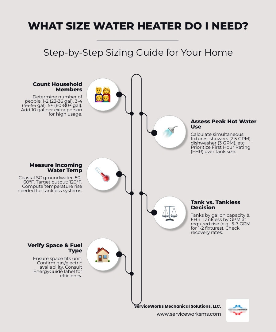 infographic explaining the step-by-step sizing process for homeowners - what size water heater do i need infographic infographic explaining the step-by-step sizing process for homeowners - what size water heater do i need infographic