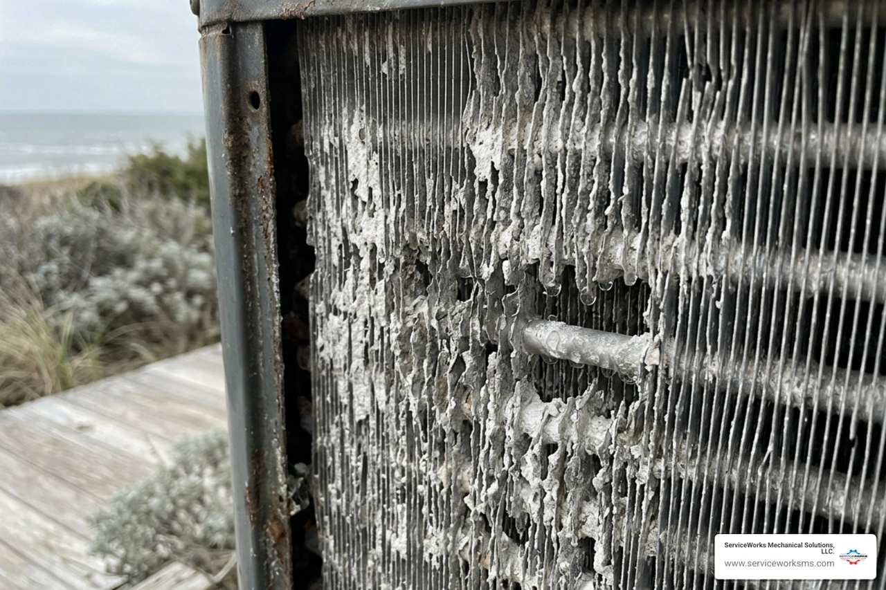 Close-up of corroded aluminum condenser fins on an outdoor HVAC unit - how coastal south carolina climate affects your hvac