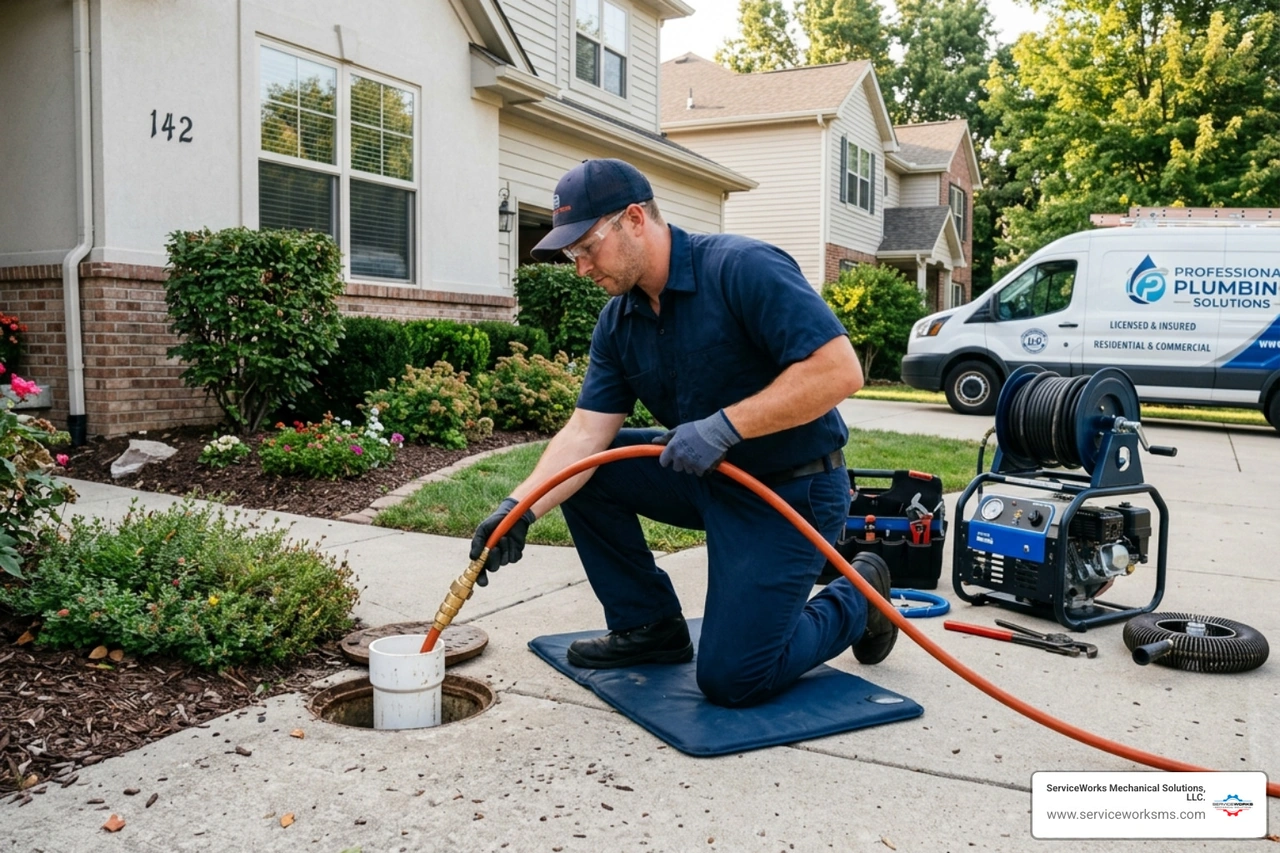 plumber inserting jetter hose into cleanout - how hydro jetting works step by step plumber inserting jetter hose into cleanout - how hydro jetting works step by step