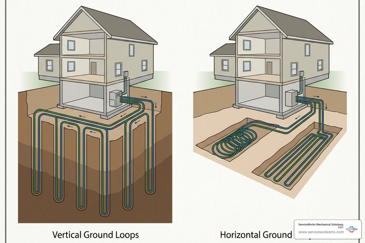 Diagram showing vertical vs horizontal ground loops for residential geothermal systems - is geothermal heating and cooling Diagram showing vertical vs horizontal ground loops for residential geothermal systems - is geothermal heating and cooling