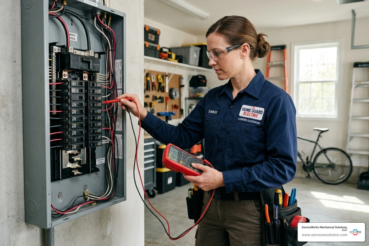 licensed electrician in a professional uniform inspecting a residential electrical panel with a multimeter - post hurricane licensed electrician in a professional uniform inspecting a residential electrical panel with a multimeter - post hurricane