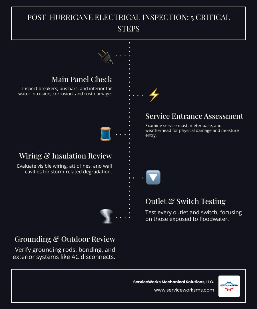Infographic showing 7 steps of a post-hurricane electrical inspection process for homeowners - post hurricane electrical Infographic showing 7 steps of a post-hurricane electrical inspection process for homeowners - post hurricane electrical