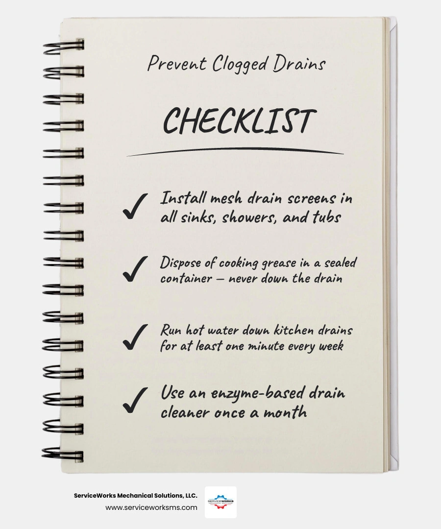 Infographic showing the top 7 ways to prevent clogged drains at home, including drain screens, grease disposal, hot water