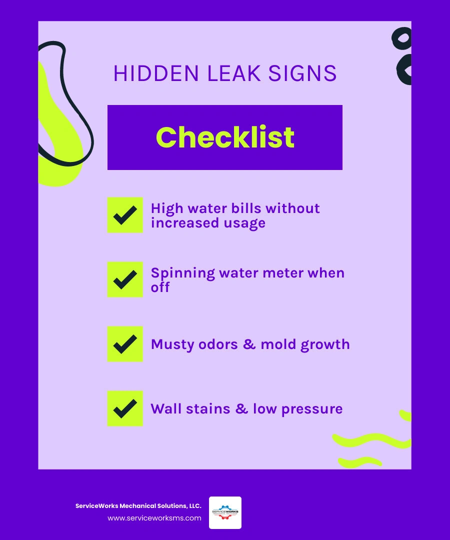 infographic showing 10 signs of a hidden water leak including high bills, meter movement, mold, stains, and low pressure
