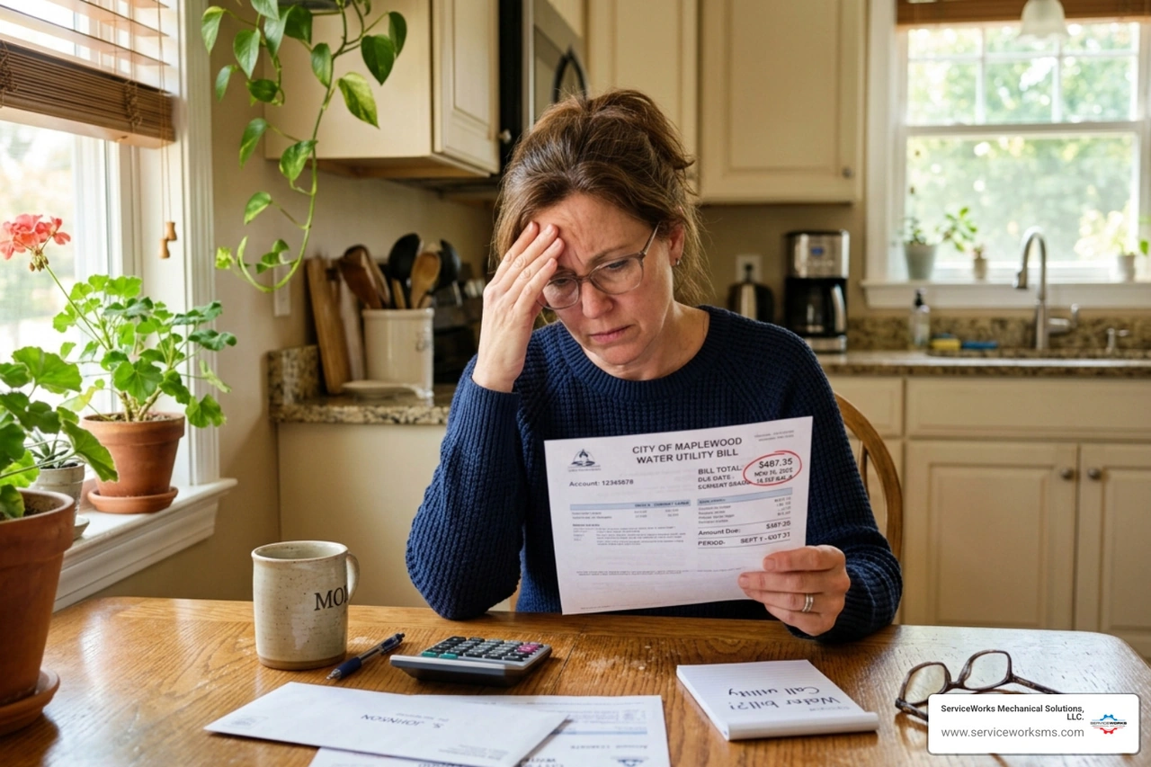 homeowner looking stressed while reviewing a high water utility bill at a kitchen table - signs of a hidden water leak in