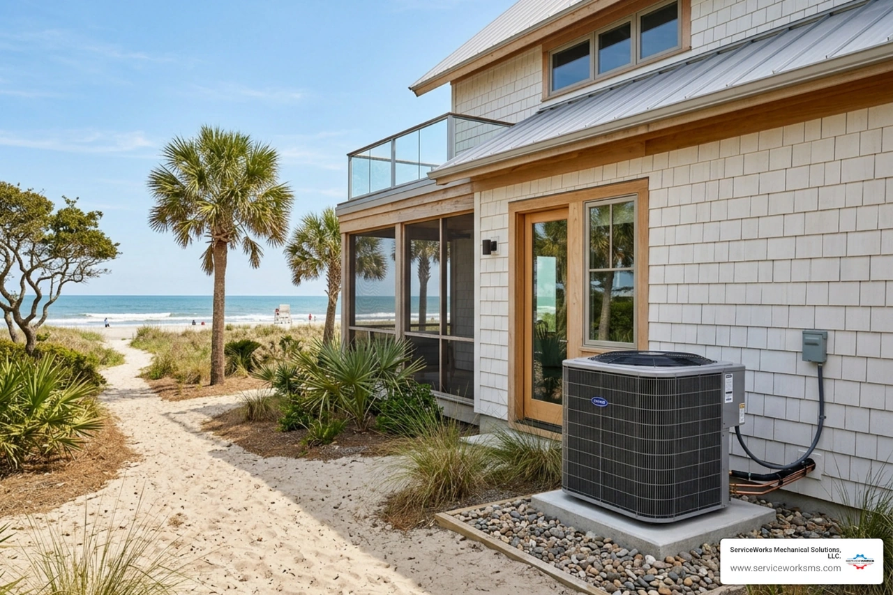 A high-efficiency outdoor heat pump unit installed at a coastal South Carolina home A high-efficiency outdoor heat pump unit installed at a coastal South Carolina home