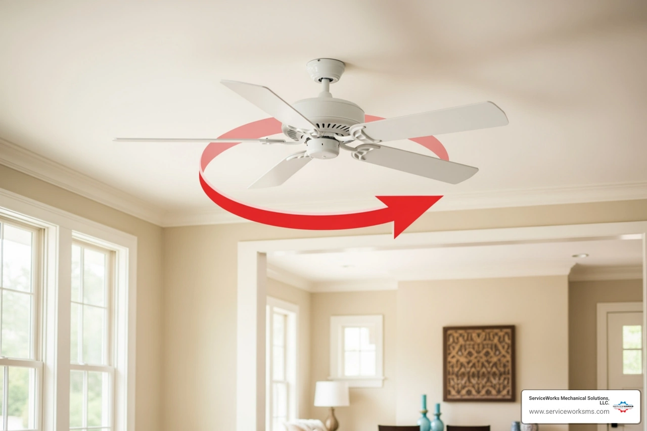 Ceiling fan with arrow showing counterclockwise rotation for summer cooling Ceiling fan with arrow showing counterclockwise rotation for summer cooling