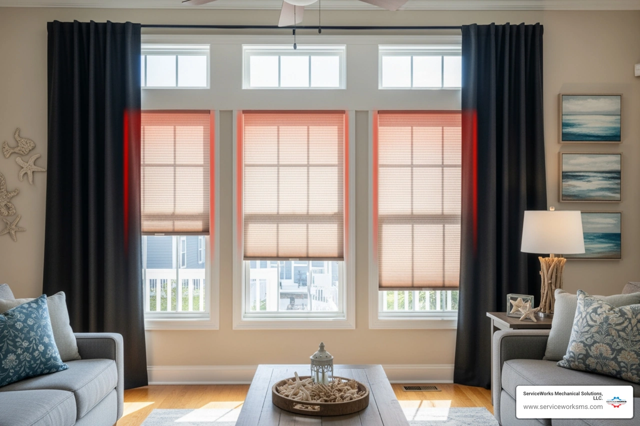 Sun-blocking window treatments like thick curtains and reflective shades in a bright living room Sun-blocking window treatments like thick curtains and reflective shades in a bright living room