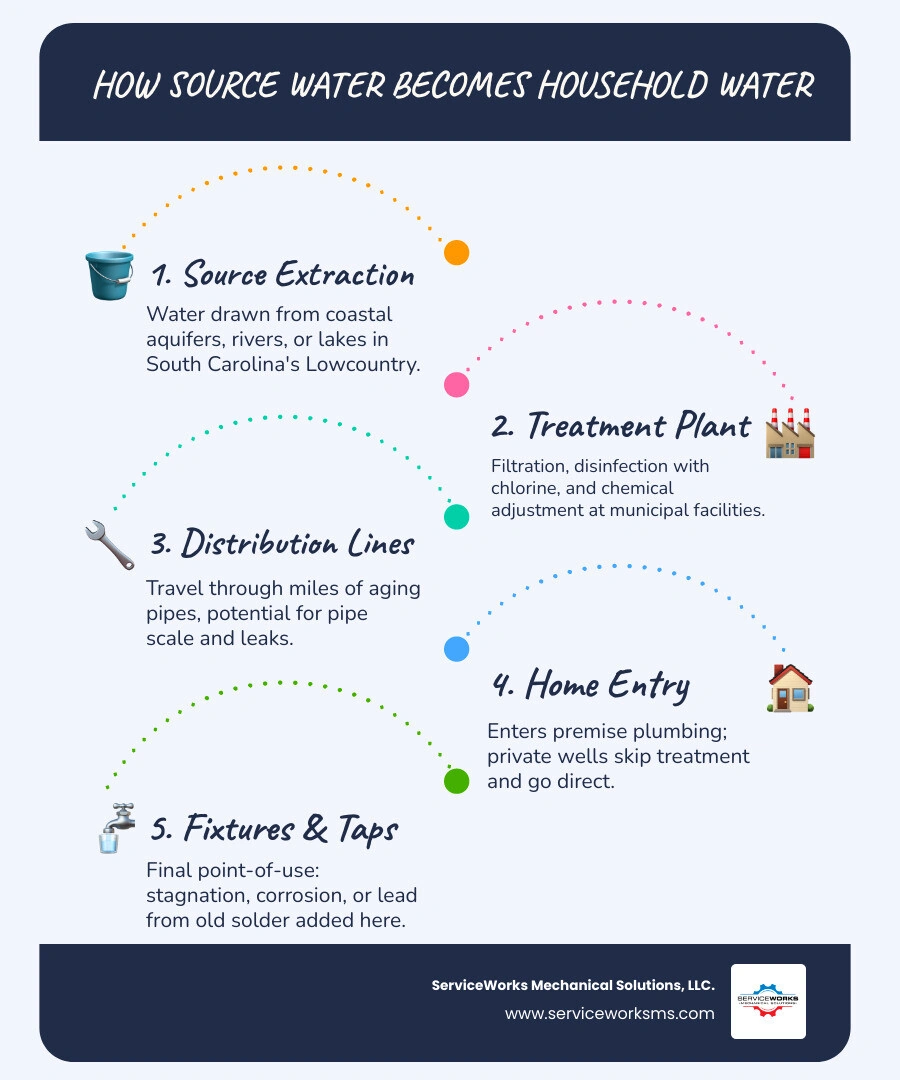 Infographic showing how source water travels from coastal aquifer or treatment plant through distribution lines to home Infographic showing how source water travels from coastal aquifer or treatment plant through distribution lines to home