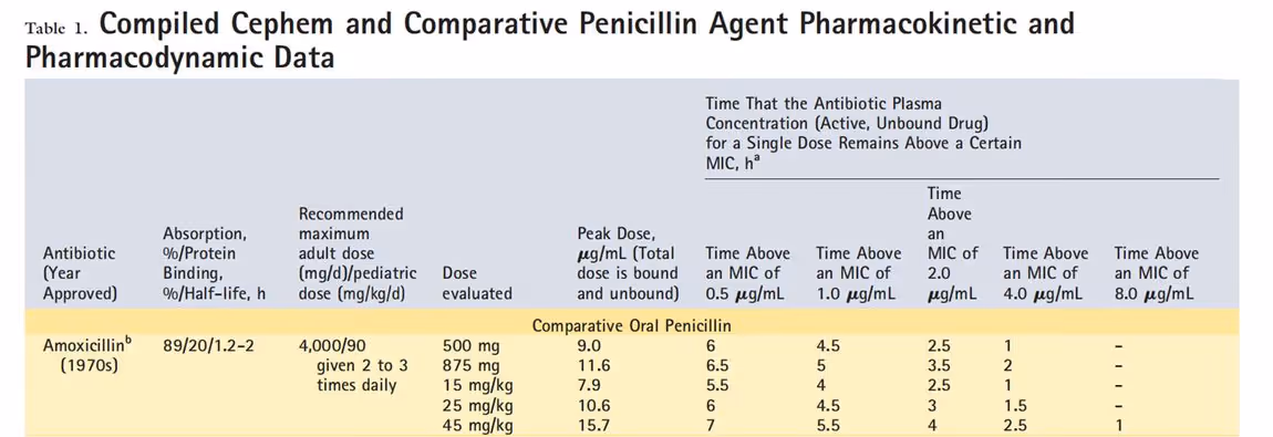 Pharmacokinetic and pharmacodynamic data table for amoxicillin showing time above MIC at various concentrations.
