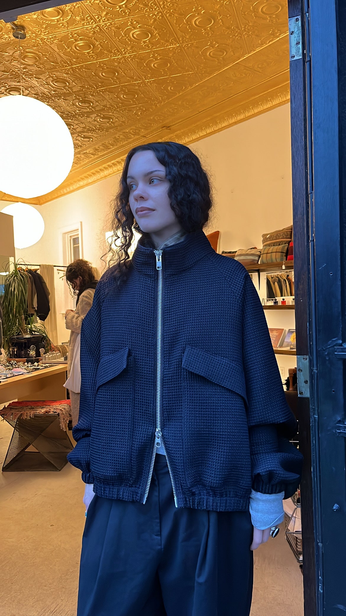 crescent bomber in indigo waffle