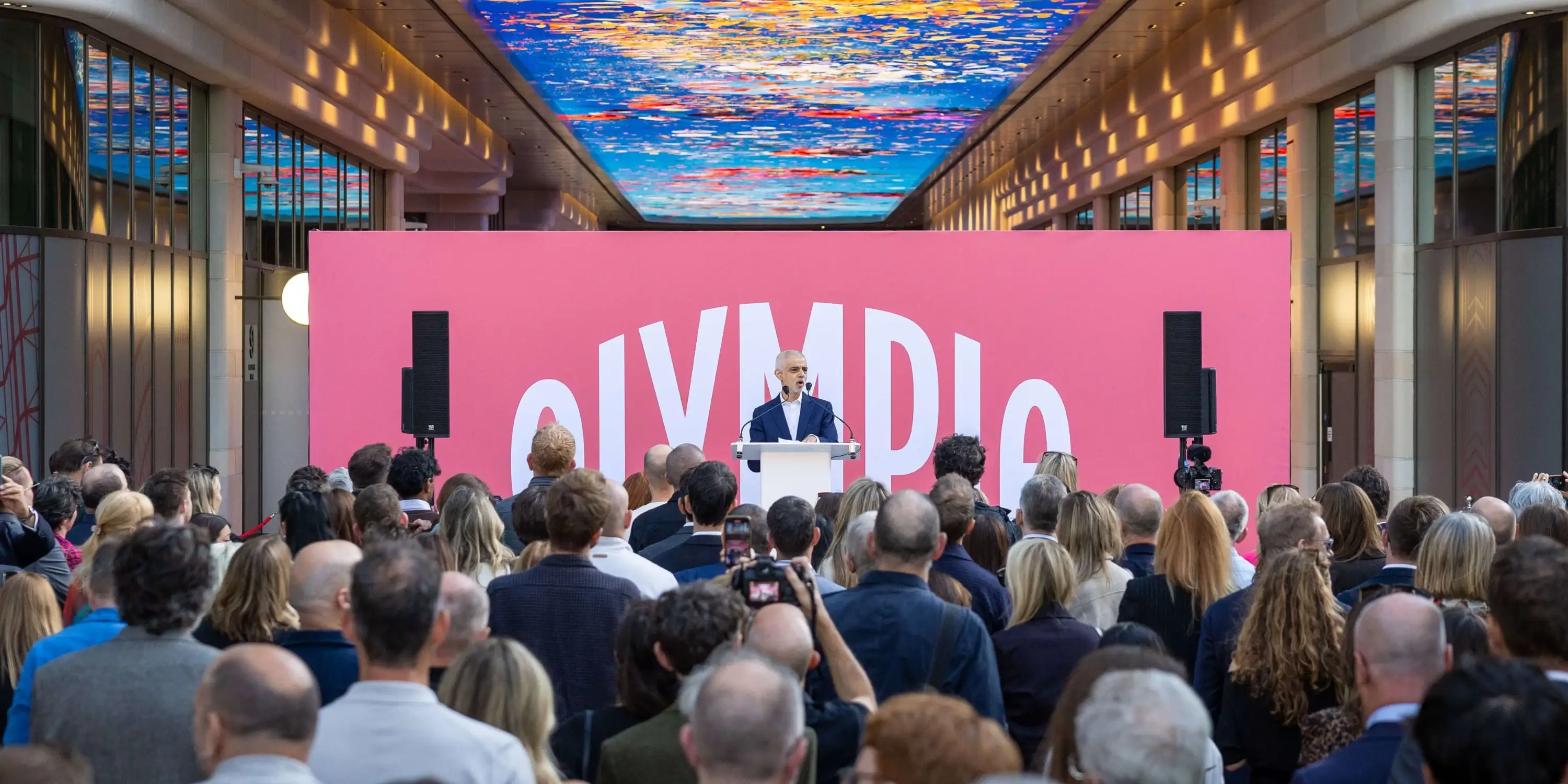 Mayor of London, Sir Sadiq Khan giving keynote speech and Olympia's pre-launch preview event in front of guests on the 9th of June 2026.