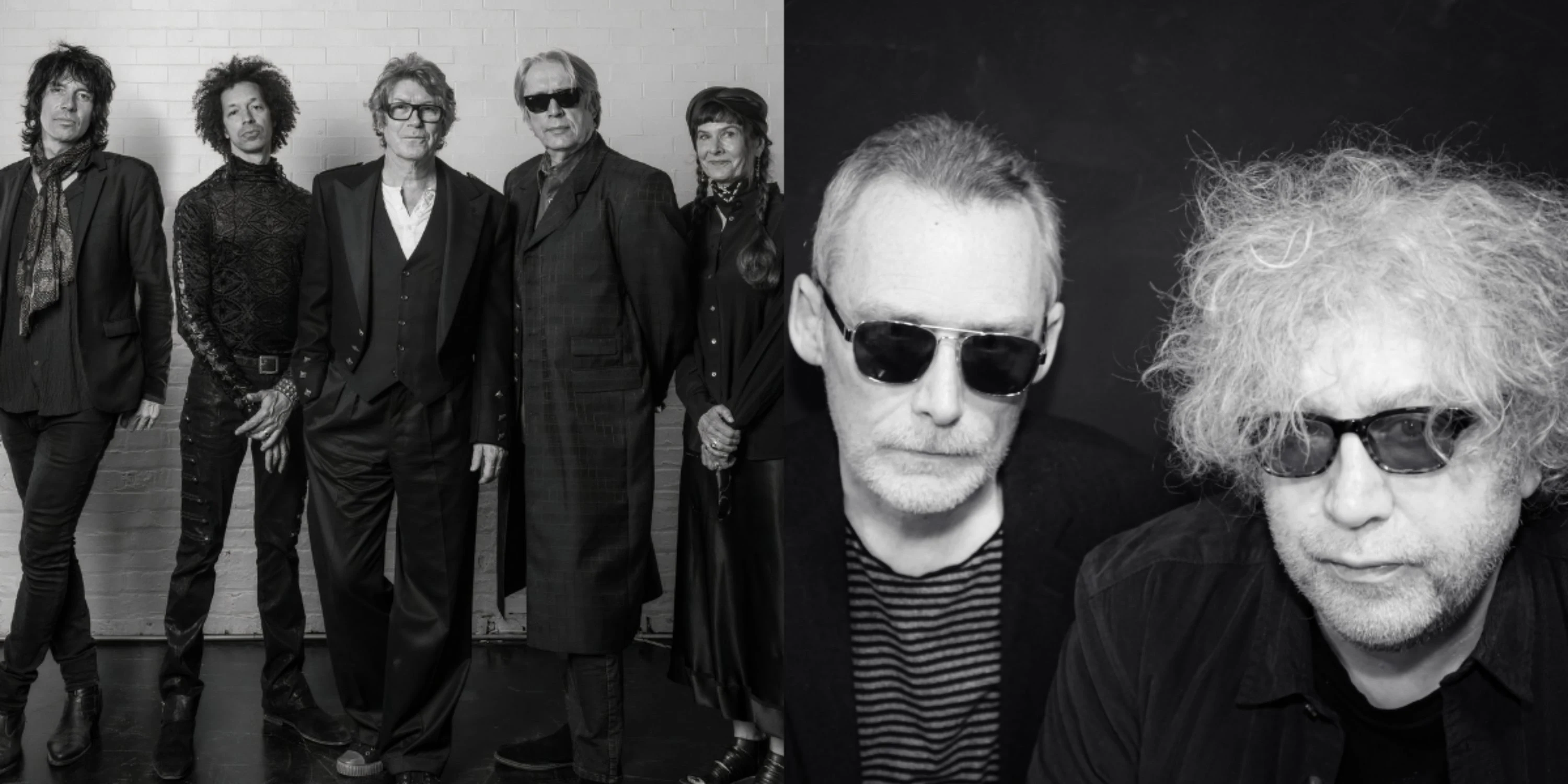 Black and white photo collage with two images: left image shows The Psychedelic Furs; right image shows The Jesus and Mary Chain.
