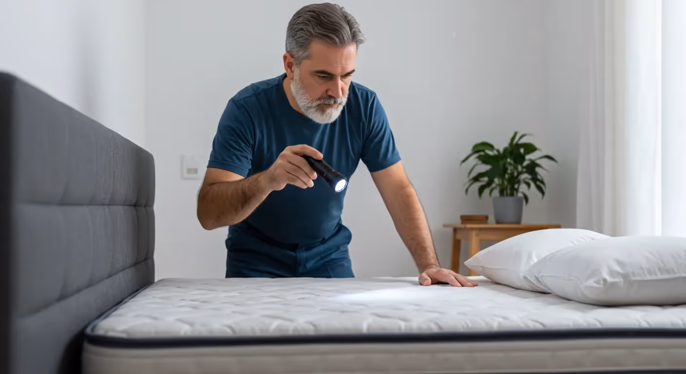 A pest control professional with a beard and a blue t-shirt inspects a white mattress with a flashlight in a brightly lit bedroom.