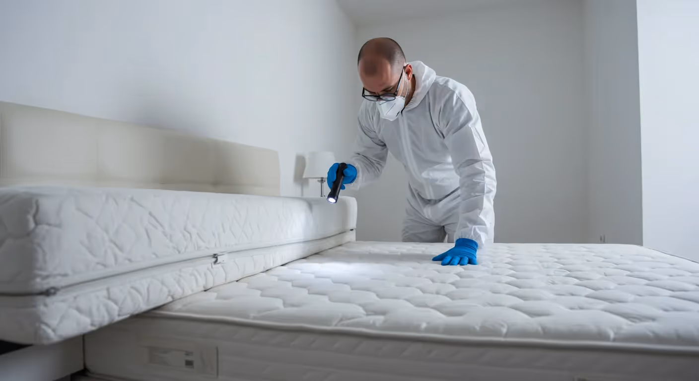 A male pest control technician in a white hazmat suit, mask, and blue gloves inspects the corner of a mattress with a flashlight, looking for bed bugs.