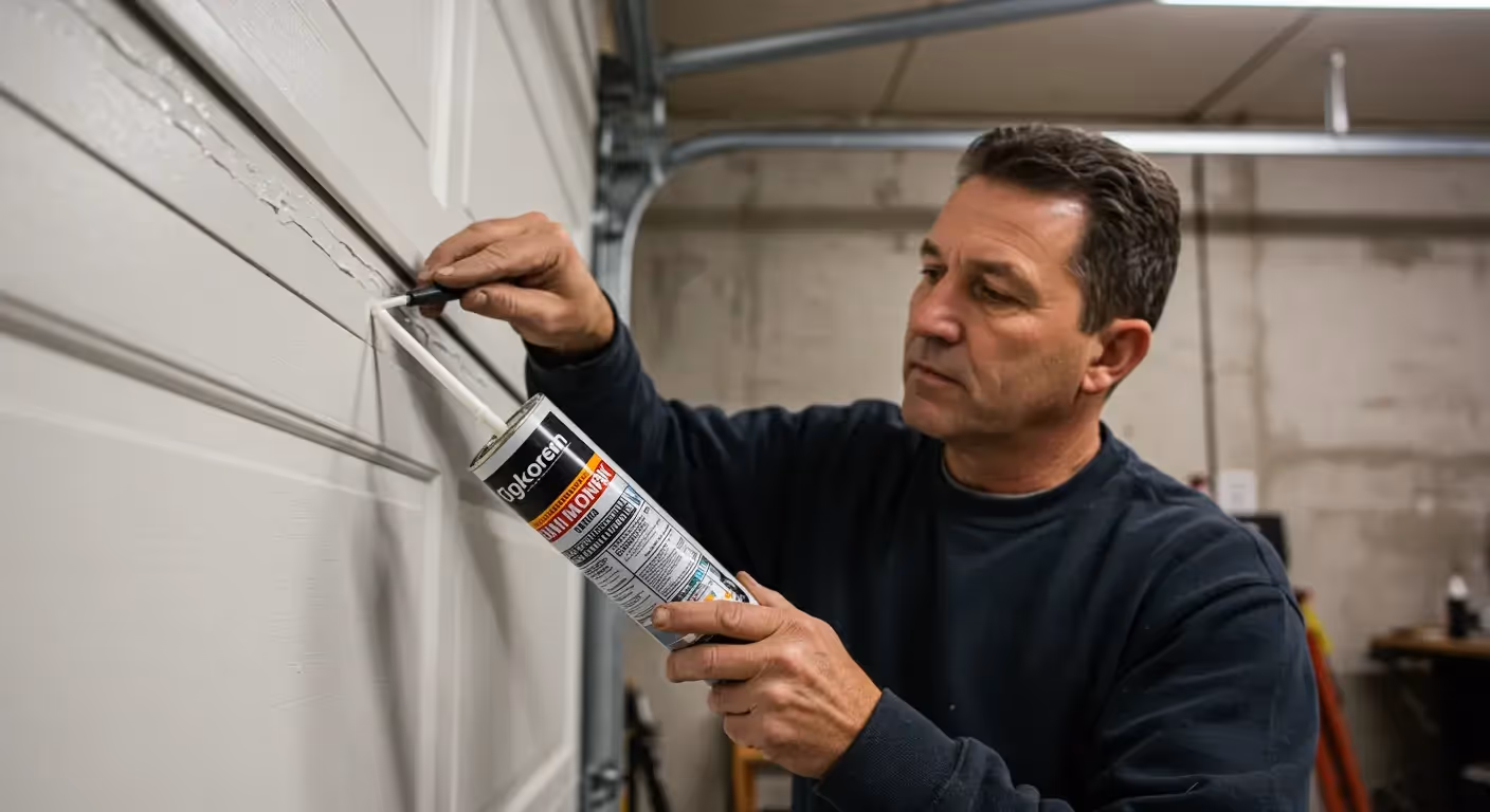 A man is using a caulking gun to seal a cracked seam on a white garage door