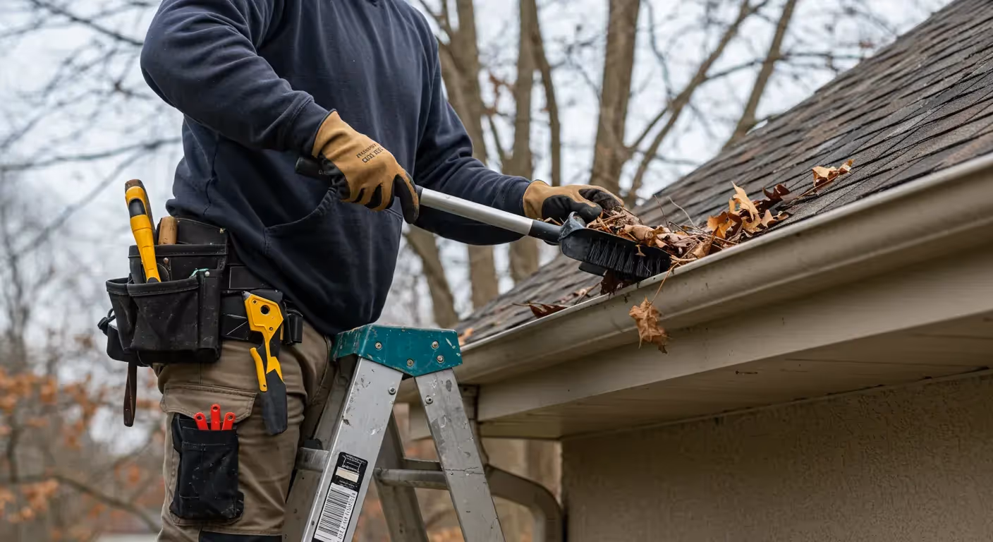 A professional on a ladder uses a handheld brush to remove a large pile of brown leaves from a gutter.