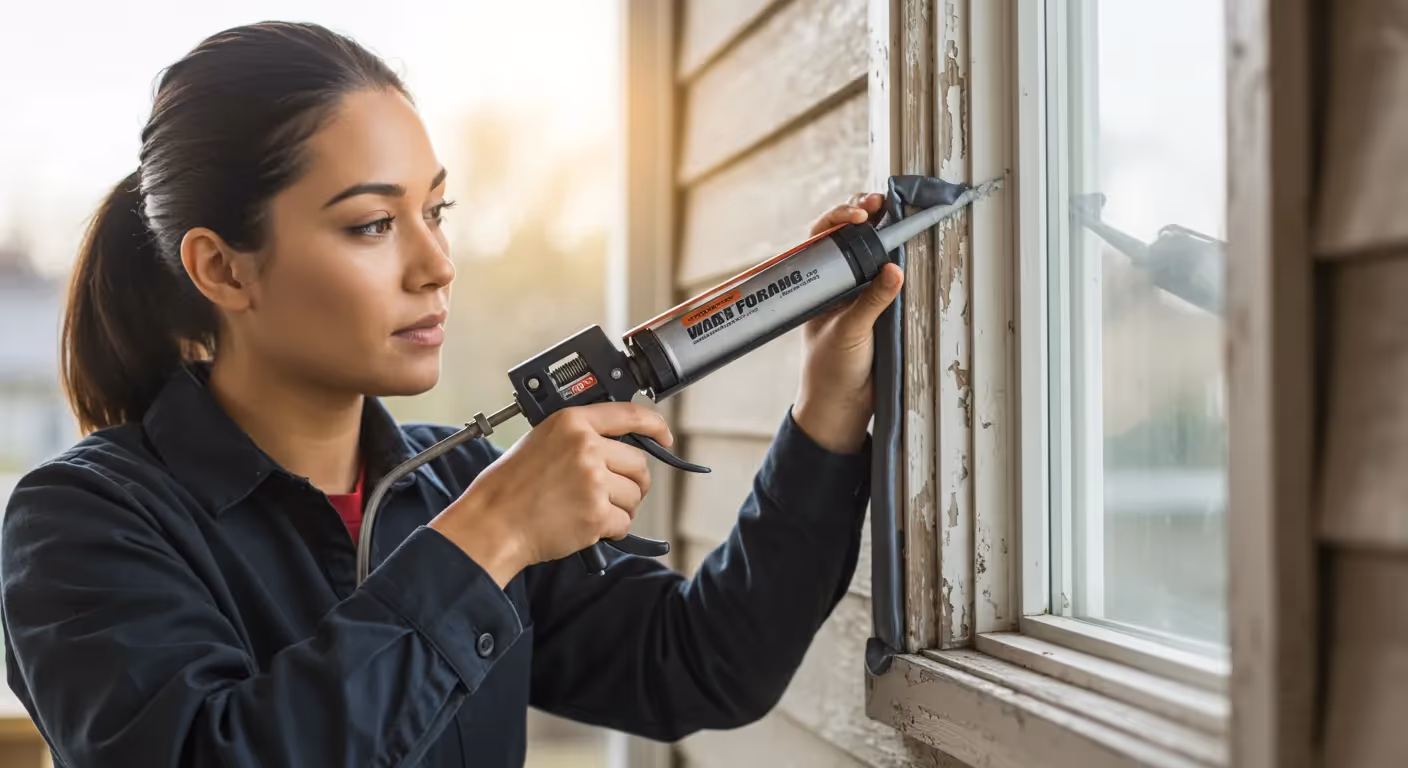 A woman is using a caulking gun to seal the exterior frame of a window on a house