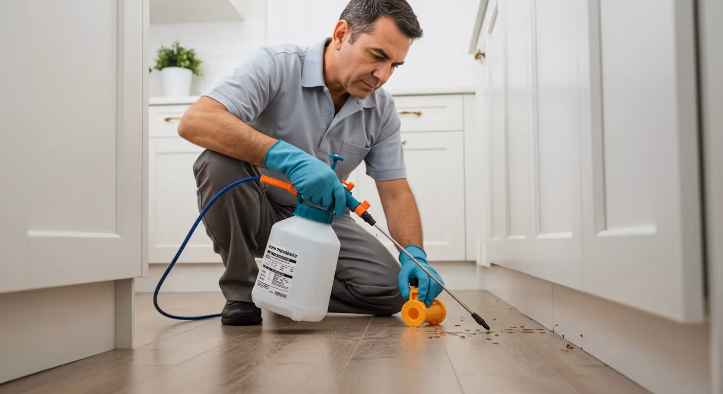 A pest control technician kneels on a kitchen floor, wearing blue gloves, and uses a sprayer to treat ants near the base of kitchen cabinets.