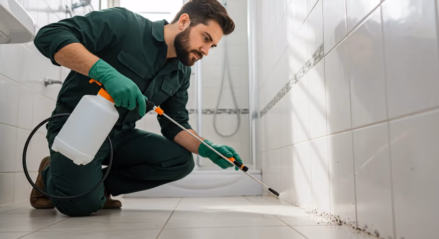 A pest control technician in a dark green jumpsuit and gloves kneels on a bathroom floor, using a sprayer to treat ants along the white tiled wall.