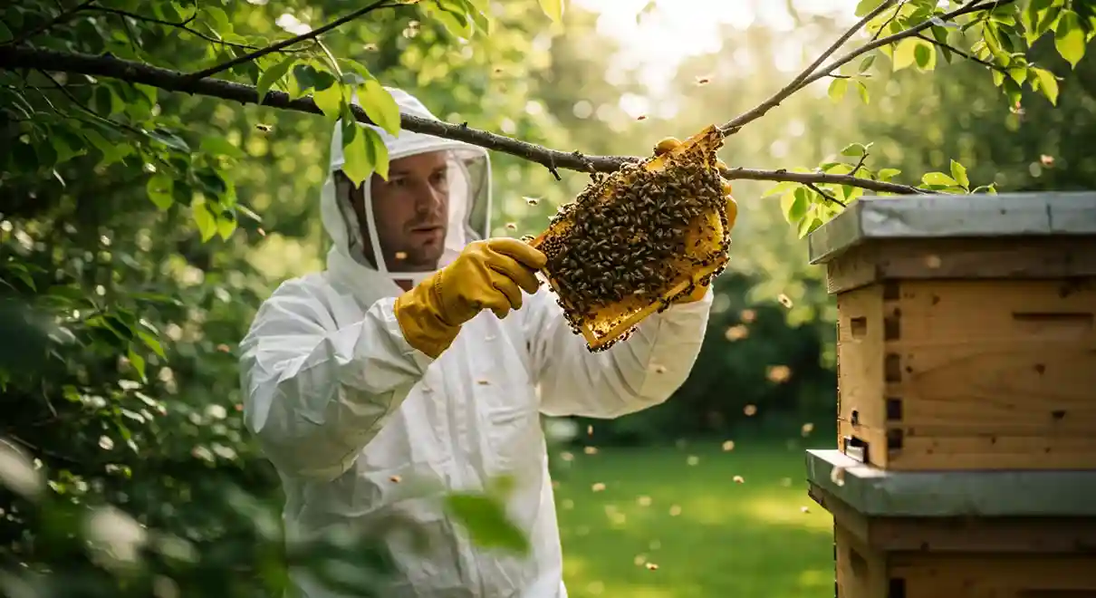 A beekeeper in a white protective suit and helmet holds a large honeycomb, with a beehive visible in the background. Bees are flying around the beekeeper and the beehive in a green, sunny outdoor setting.
