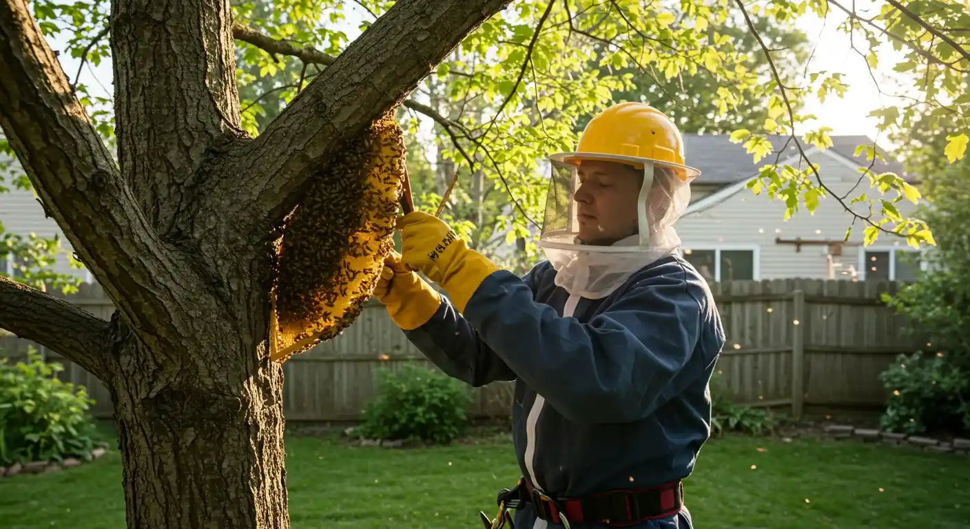 A beekeeper wearing a blue jumpsuit, yellow gloves, and a protective hat with a mesh veil, carefully holds a large honeycomb with thousands of bees, with a suburban backyard in the background.