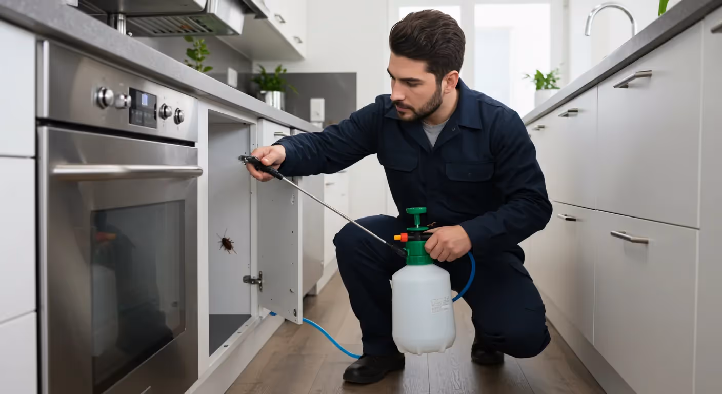 A male pest control technician wearing a dark blue uniform kneels on a kitchen floor, using a sprayer to treat inside a cabinet where a cockroach is visible.