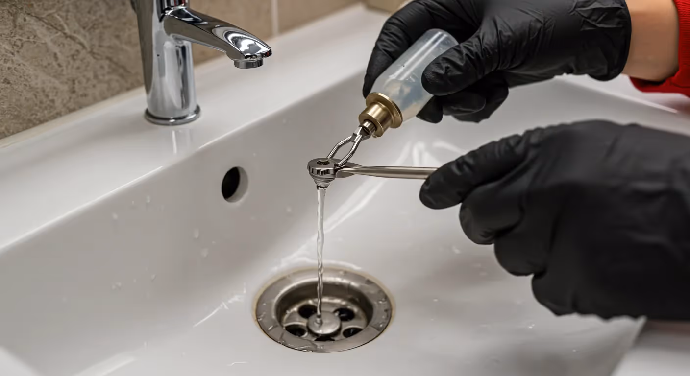 A person wearing black gloves uses a small tool to work on a bathroom sink drain while water is running.