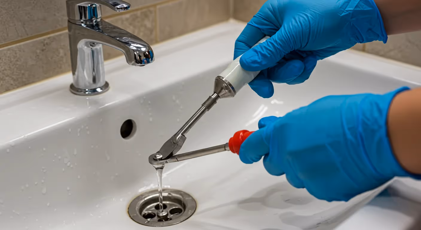 A person in blue gloves holds a tool with a red handle to clean a bathroom sink drain as water runs from the faucet.